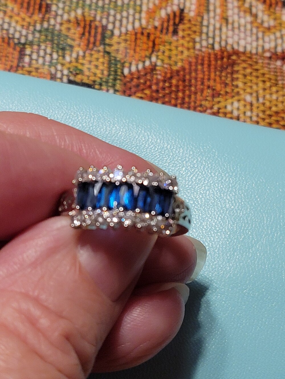 Silvertone Blue Sapphire-Style Baguette Ring Size 6